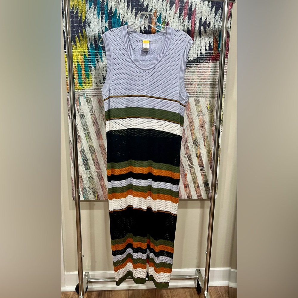 Agua Bendita Striped Mesh Midi Dress in Black, Green, and Orange